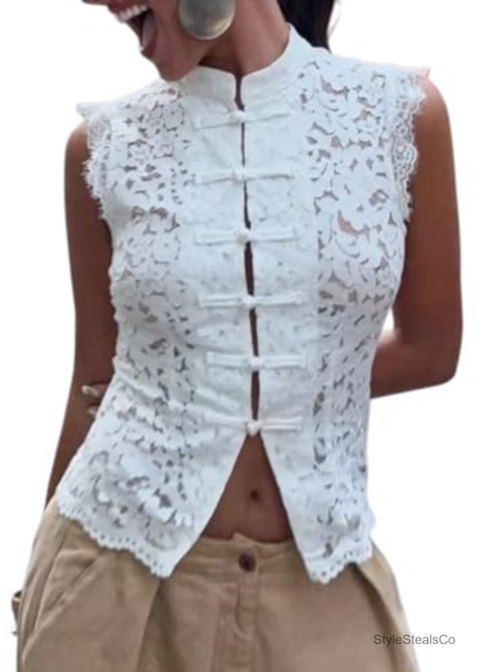 Seyumixi Women Floral Lace Crop Top Sleeveless Frog Button Mock Neck Tank